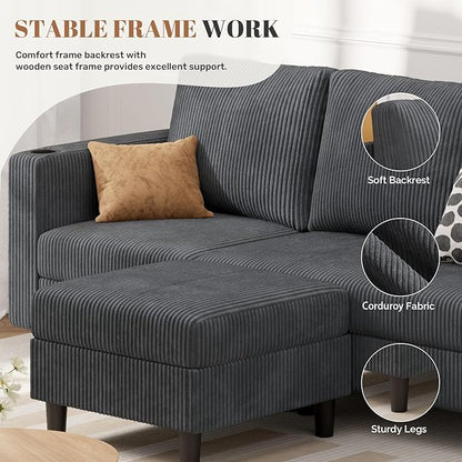 Upholstered Sectional Sofa and Couches, 78'' L Shaped 3-seat Sofa for Living Room, Apartment, Lounge,Bedroom-Washable Covers Convertible Sofas(Corduroy, Dark Gary)