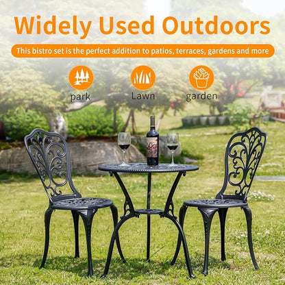 Withniture 3 Pieces Bistro Sets Cast Aluminum Outdoor Bistro Set, Patio Bistro Sets with Umbrella Hole, Weather Resistant Bistro Table and Chairs Set of 2 for Porch (Black, Butterfly)