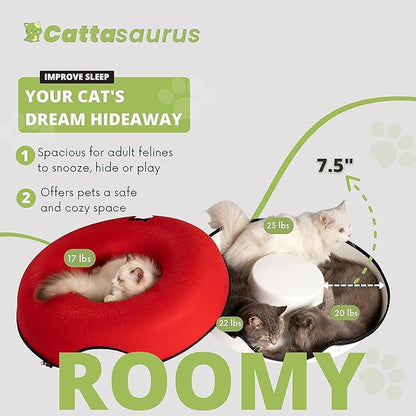 CATTASAURUS Peekaboo Cat Cave for Multiple & Large Cats Up to 30-45 Lbs, Scratch Detachable & Washable Tunnel Bed, Comfy Donut Cat Cave (Ruby Snowball, Large)