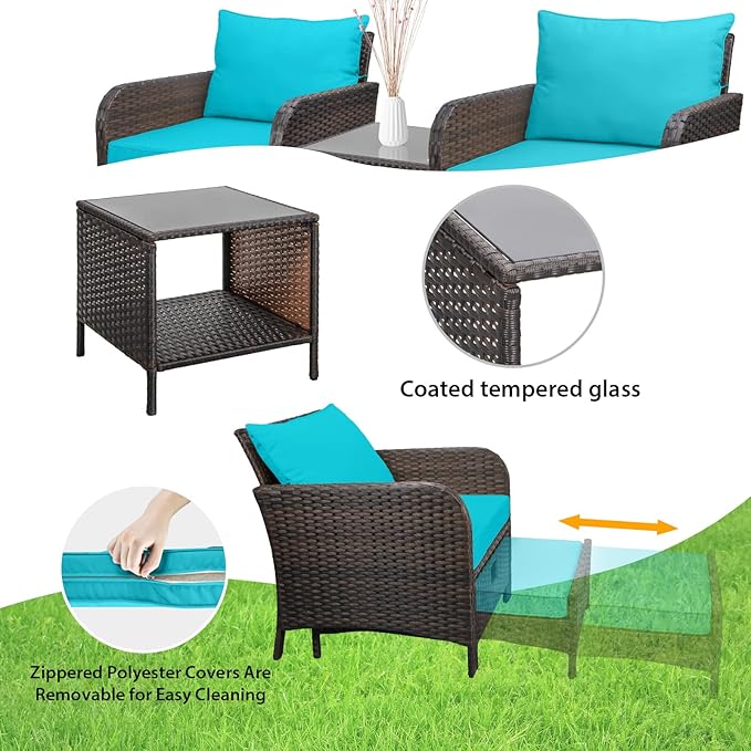 LEVELEVE Balcony Furniture 5 Piece Patio Conversation Set, PE Wicker Rattan Outdoor Lounge Chairs with Soft Cushions 2 Ottoman&Glass Table for Porch, Lawn-Brown Wicker
