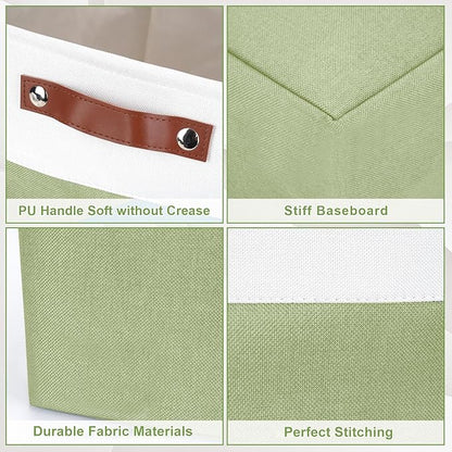 13x13 Cube Storage Bins, Collapsible Fabric Storage Box, 4 Pack Closet Baskets with Handles for Organizing, Shelf, Toys, Clothes, Home, Office, Nursery (Green&White)