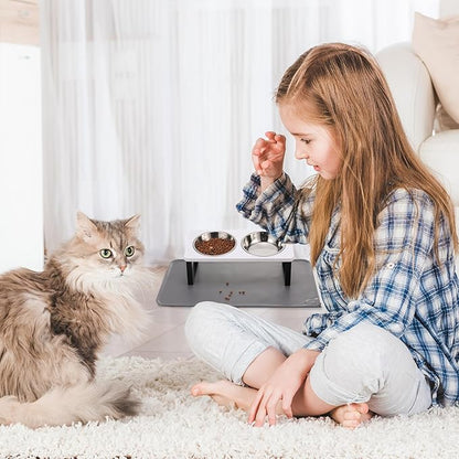 Upgraded Elevated Cat Bowls with Food Mat,15°Tilted Stand Anti Vomiting Raised Cat Dishes for Food and Water,2 Stainless Steel Bowls for Cats and Puppy（White）