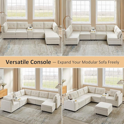 VANOMi 5 Seater Modular Sectional Sofa, Convertible Modular Cloud Sofa Bed with Ottoman, Comfy Chenille Sofas & Couches for Living Room, Apartment, Office, White, Sofa Bed