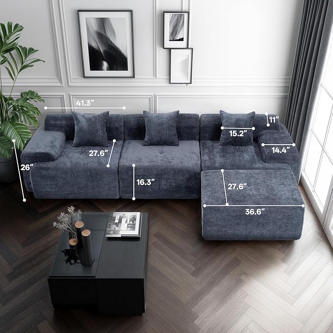 119’’ Modular Sectional Sofa, Cloud Sectional Couch with Deep Seat, Modern Modular Compression Sofa Couch with Chaise, Upholstered Couches, Throw Pillows for Living Room Bedroom, Blue