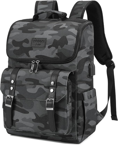 YALUNDISI Vintage Backpack Travel Laptop Backpack with usb Charging Port for Women & Men College Backpack Fits 15.6 Inch Laptop Camouflage Gray