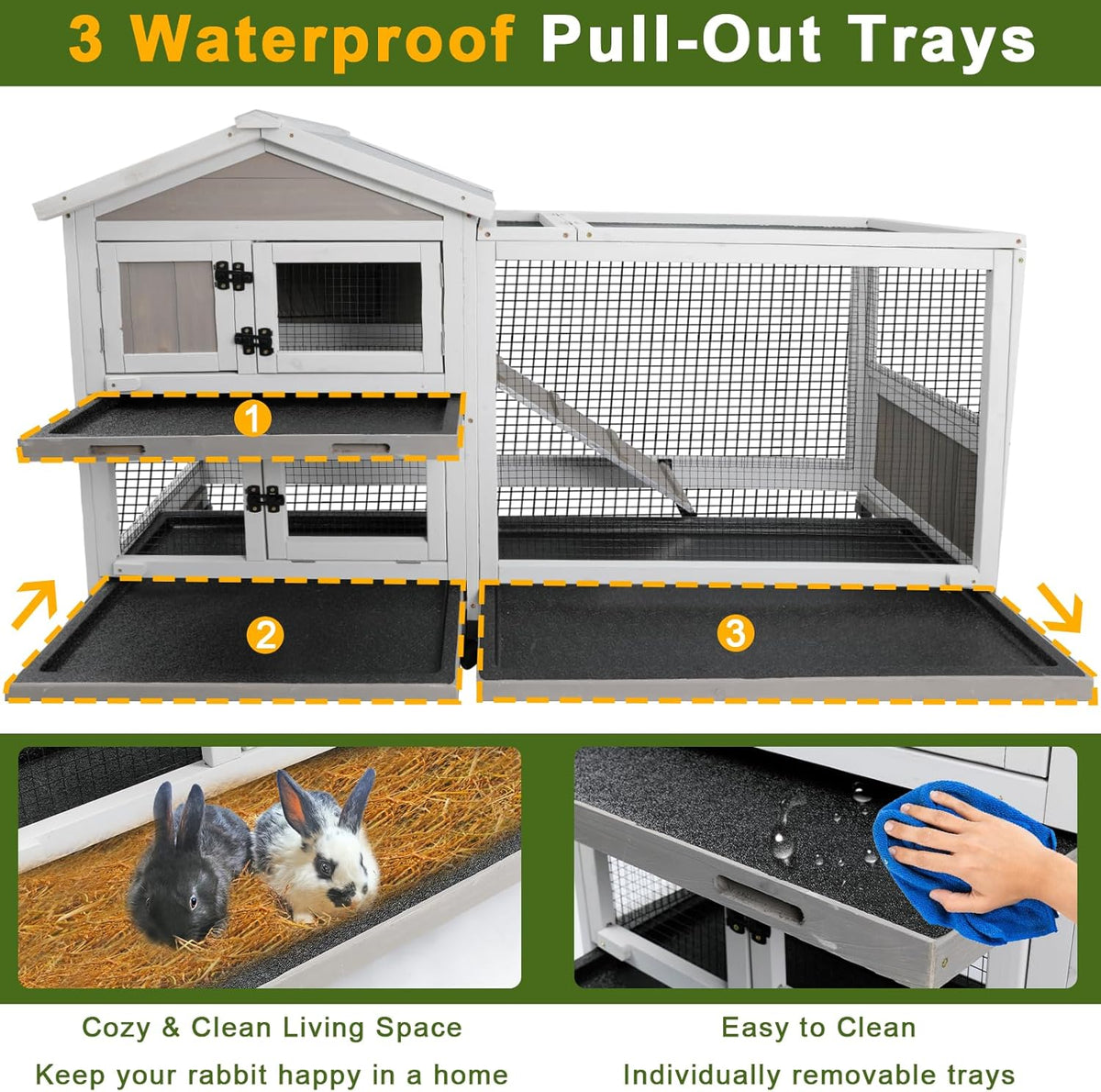 Rabbit Hutch Outdoor Indoor Bunny Hutch with Run 2-Story Large Rabbit Cage on 6 Wheels, 3 Leak Proof Trays, Ramp, Waterproof Roof for Small to Medium Animals, Expandable Design