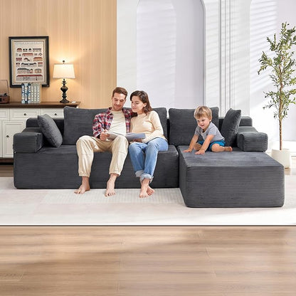 105" L-Shaped Modular Sectional Sofa with L-Shaped Boneless Couch, Cloud Couches for Living Room with Removable Arms, Convert Left/Right Facing, Plush Corduroy, No Assembly, Grey