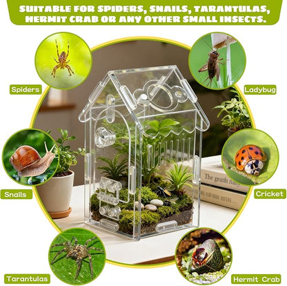 Jumping Spider Enclosure Acrylic Spider Cage Insect Terrarium Bug Enclosure Tarantula Enclosure Reptile Terrarium for Snail, Mantis, Lizard, and Small Reptiles - Small House Shape