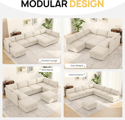 Oversized Modular 8 Seater Sofa with Removable Covers and Storage, Convertible U, L-Shaped and Sleeper Sectional, Modern Sectional Couch with Ottoman Chaise for Living Room, Bedroom, Apartment, Beige