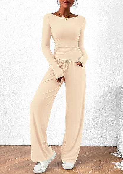 PRETTYGARDEN Women's 2 Piece Lounge Sets Asymmetrical Long Sleeve T Shirt Wide Leg Pants Casual Outfits Tracksuit