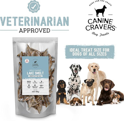 Canine Cravers Single Ingredient Dog Treats – Wild Caught Lake Smelt - Human Grade Air Dried Hypoallergenic Pet Food – Grain, Gluten, and Soy Free – 100% All Natural – 3 oz