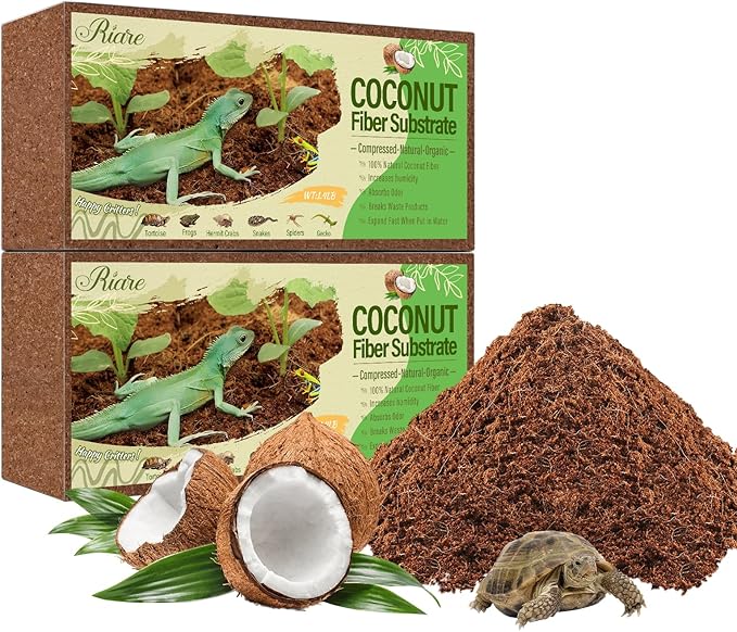 Riare 2 Pack Natural Coconut Fiber Substrate for Reptile- Premium Compressed Coconut Husk Terrarium Bedding for Reptile, Tortoise, Frogs, Snakes Hermit Crabs, Burrowing Animals