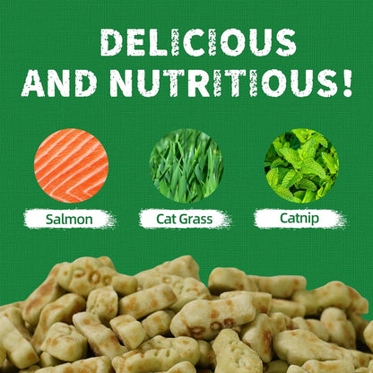 Just Try 13.4 OZ Cat Treats for Indoor Cats Hairball Control Natural Salmon Healthy Cat Grass Treats Kitten Snacks Training Biscuits Catnip for Cats Dental Care