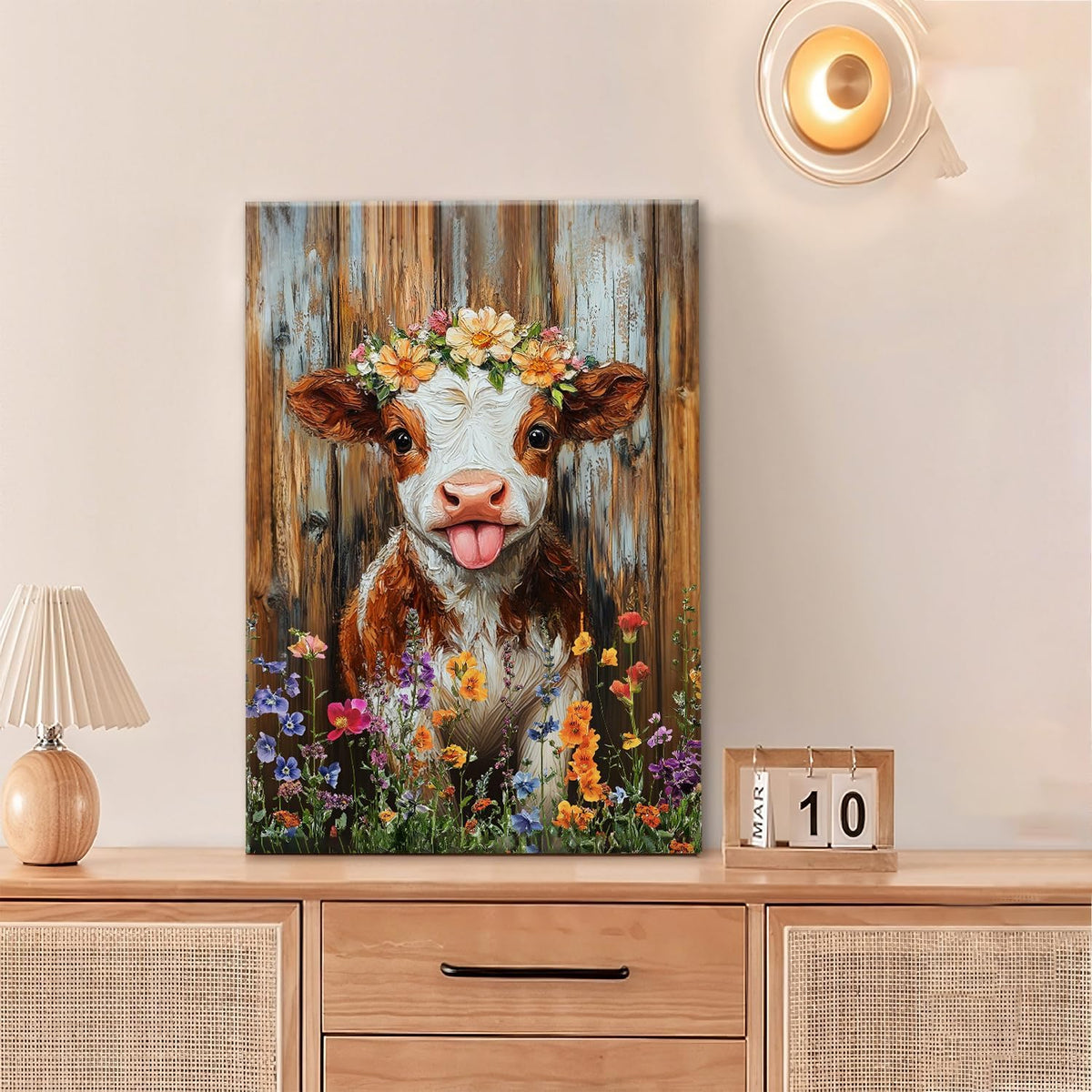 Funny Cow Bathroom Pictures Wall Art, Rustic Brown Cute Cow Bathroom Wall Decor, Farmhouse Floral Framed Painting Animal Flower Canvas Artwork for Bedroom Living Room Decorations 24"L x 16"W