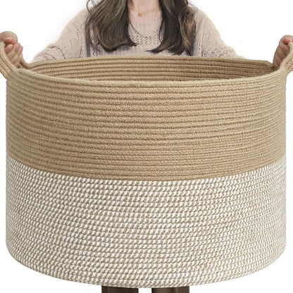 INDRESSME Extra Large Woven Baskets for Storage, 21.7'' x 13.8'' Wicker Basket with Handle for Blankets, Big Laundry Baskets for Clothes, Pillows, Towel, Shoe Basket for Entryway, 90L White Jute