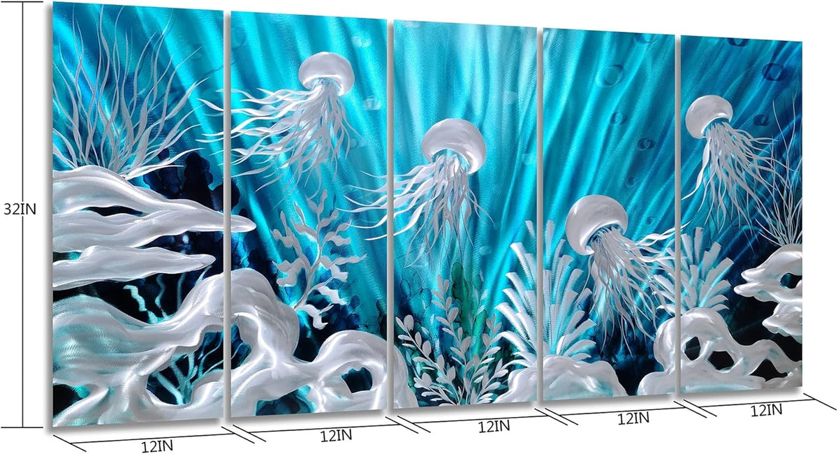 SYGALLERIER Jelly Fish Large Metal Wall Art Hand Grind Aluminum Artwork 3D Undersea World Coastal Pictures Nautical Decor for Living Room Bedroom