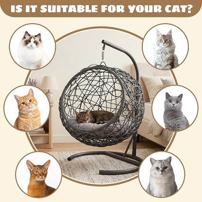 Hanging Cat Swing Bed with Stand, Rattan Egg Chair for Cats | Rattan Egg Chair Design, Soft Cushion, Stable Stand, Cozy Swinging Resting Spot For Cats And Small Dogs
