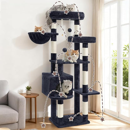 Gitelsnour Cat Tree for Indoor Cats, 55.1 inch Cat Tower with 7 Sisal Scratching Posts, Multi-level Cat Condo wit Large Play Platform Furry Ball, Cat Cave, 2 Padded Perches, Basket, Smoky Gray GCT013G