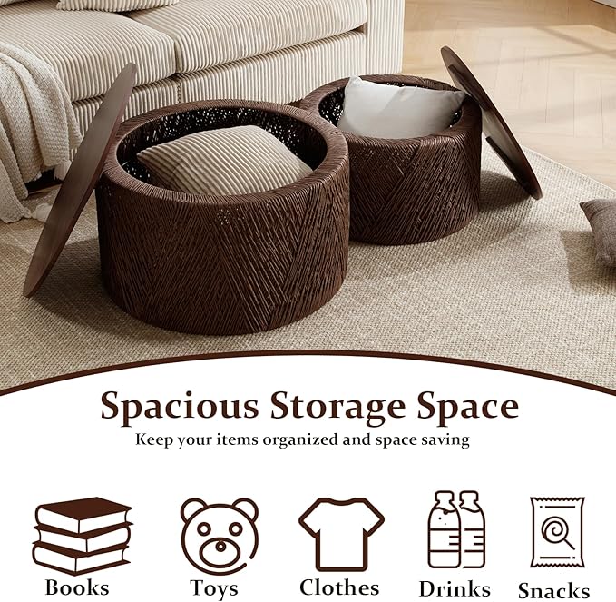 Kmax 30" Round Wood Nesting Coffee Table Set of 2 Handcraft Woven Rope Sofa Tables Both with Storage Drum End Table Side Table for Small Space Living Room No Assembly Needed, Dark Brown