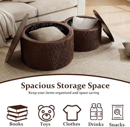 Kmax 30" Round Wood Nesting Coffee Table Set of 2 Handcraft Woven Rope Sofa Tables Both with Storage Drum End Table Side Table for Small Space Living Room No Assembly Needed, Dark Brown