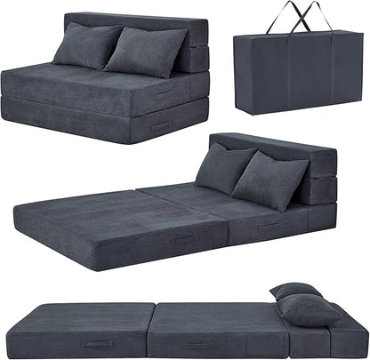 HILERO Folding Sofa Bed, 4 in 1 Convertible Sleeper Chair with Pillow, Twin Memory Foam Fold Out Chair Bed, Modern Floor Futon Sofa Couch Mattress for Living Room/Guest/Apartment, Dark Grey