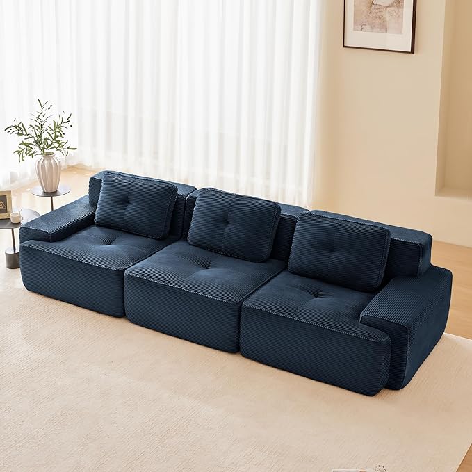 115.3'' Sectional Sofa, 32D Foam Corduroy Boneless Couch with Pillow, Deep Seat Wide Arm Sectional Couch for Apartment, Living Room, Bedroom