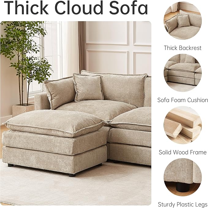 saows Modular Sectional Sofa, 112.2 Inch L Shaped Couch Set with Armrests, 3-Seater Comfy Cloud Couches for Living Room Apartment, Coffee