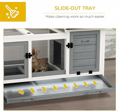 PawHut Wooden Rabbit Hutch with Wheels, Indoor Outdoor Large Bunny Hutch with Run & Slide-Out Tray for Small Animals, Rabbits, Chickens, Ducks, Guinea Pig, Gray