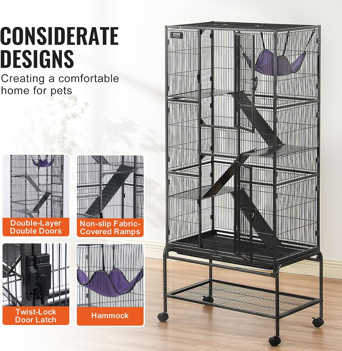 VEVOR 69" Rolling Metal Ferret Cage, Large 4-Tier Critter Nation Cage, Small Animal Cage with Ramps & Tray, Easy to Set up for Pet Mice, Hamster, Guinea Pig, Chinchilla, Squirrel, Hedgehogs, Bunny