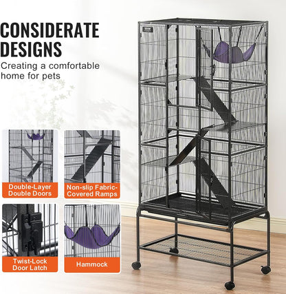 VEVOR 69" Rolling Metal Ferret Cage, Large 4-Tier Critter Nation Cage, Small Animal Cage with Ramps & Tray, Easy to Set up for Pet Mice, Hamster, Guinea Pig, Chinchilla, Squirrel, Hedgehogs, Bunny