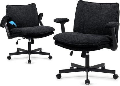 Kassipo Criss Cross Legged Office Chair with Wheels and Flip-Up Arms, Upholstered Criss Cross Desk Chair, Wide Seat Chairs for Home Office, Vanity, Apartment, Black