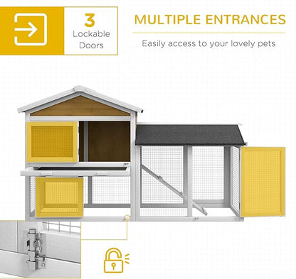 PawHut 58" Rabbit Hutch, Wooden Bunny Hutch, Guinea Pig Cage, Small Animal Enclosure with Run Area, Removable Tray, Asphalt Roof, Lockable Doors and Ramp, Nature Wood