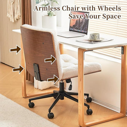Furnimart FSC Wooden Wide Desk Chair, 360° Swivel Criss Cross Office Chair with Wheels, Comfy Cross Legged Sitting, Armless Rolling Chair for Bedroom, Office, Vanity (Faux Fur White)