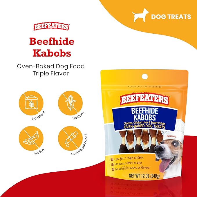 Beefeaters Beefhide Kabobs – Dog Treat. Triple Flavor with Real Chicken, Liver & Sweet Potato, Long-Lasting Chew, Supports Dental Health, Ideal for Training