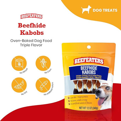 Beefeaters Beefhide Kabobs – Dog Treat. Triple Flavor with Real Chicken, Liver & Sweet Potato, Long-Lasting Chew, Supports Dental Health, Ideal for Training