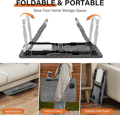 Laptop Desk for Bed Height Adjustable, Lap Bed Table with USB/Storage Drawer/Cup Holder/Tablet Stand/Book Shelf, Foldable Breakfast Tray Portable for Reading Writing, Sofa & Floor, Deep Stone Texture