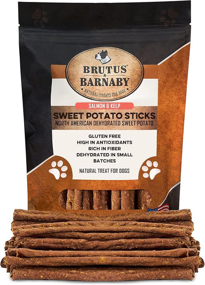 Sweet Potato Dog Treats - Grain Free, Salmon & Kelp Crunchy Sticks - Great Tasting, Promotes Positive Dog Gut Health with Natural Anti-Diarrhea Properties, No Preservatives Added (14oz)