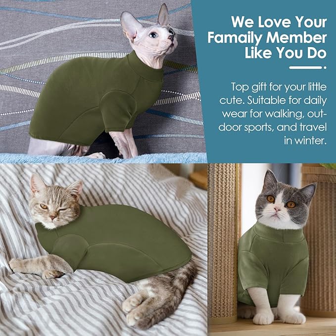 SUNFURA Turtleneck Sweater for Cat, Sphynx Cats Shirt Hairless Cat Sweaters with Sleeves, Warm and Soft Kitten Pullover Fleece Winter Pajamas Jumpsuit for Puppy Cats, ArmyGreen L