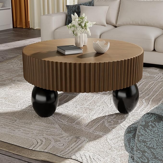 Round Fluted Coffee Table for Living Room, 31.5'' Farmhouse Luxury Round Coffee Tables with 3 Sturdy Leg Base, Natural Wood Grain Veneer Handcrafted Relief Tea Table for Apartment Small Space,Brown
