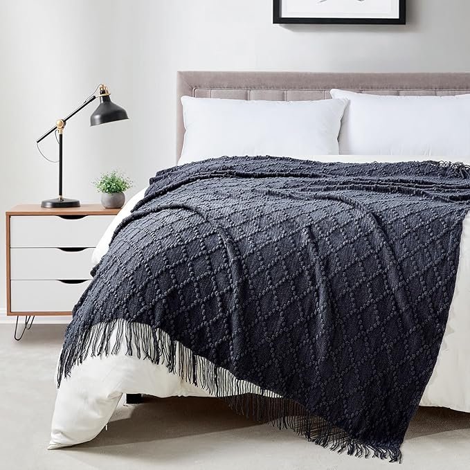 BOURINA Navy Throw Blanket 50 x70 Inches Jacquard Argyle Throw Textured Solid Soft Throws and Blankets for Sofa or Bed Knitted Decorative Blanket
