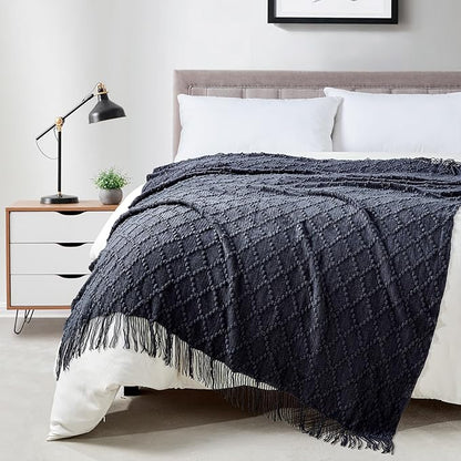 BOURINA Navy Throw Blanket 50 x70 Inches Jacquard Argyle Throw Textured Solid Soft Throws and Blankets for Sofa or Bed Knitted Decorative Blanket