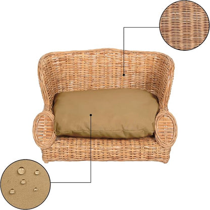 DBD1004B Handwoven Water Hyacinth Pet Daybed with Machine-Washable Cushion, 27.5" x 18" Wicker Sofa for Small to Medium Dogs and Cats, Vintage Style Elevated Pet Bed, Light Brown