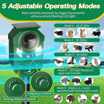 Solar-Powered Ultrasonic Animal Repellent with Motion Sensor, Perfect for Outdoor Yards, Deer Repellent Device with LED Flashing Lights, Effective to Repel Deer, Coyotes, Raccoons, and Cats