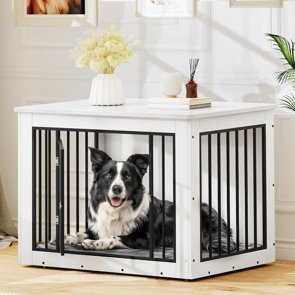 YITAHOME 38.2" L Dog Crate Furniture for Large Dogs, 2-in-1 Iron-Wood Fusion Dog cage Indoor up to 60 lb, Side End Table, Modern Dogs Kennel with Waterproof Top, Safety Corners,Steel Lock,White