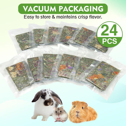 Fhiny 24 PCS Rabbit Timothy Hay Chips Toys, Natural Bunny Molar Treats with Herbal Flowers Rabbit Chew Toys for Teeth Small Animal Snacks for Rats Chinchillas Guinea Pigs Hamsters