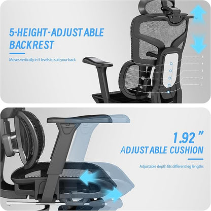 High-Back Ergonomic Mesh Office Chair, Modern Executive Desk Chair with 4D Armrests Computer Task Chair (Black Mesh Dual Lumbar Support)
