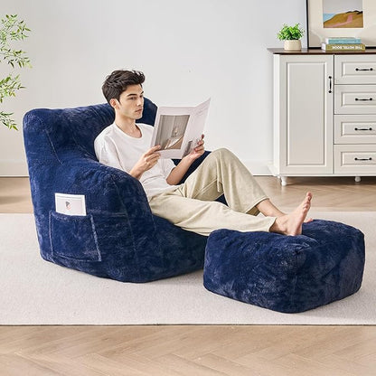 ONBRILL Giant Bean Bag Chairs for Adults with Ottoman, Faux Fur Boneless Chaise Couch Filler with Memory Foam,Large BeanBag Lounge Lazy Floor Sofa Accent Chair for Living Room,Bedroom & Game Rooms