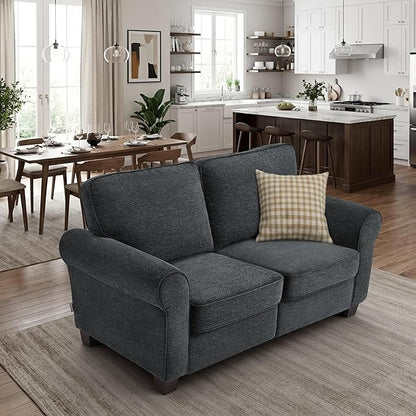 MCombo 67.7" Loveseat Sofa, 2-Seater Small Couch for Small Spaces, Classic Rolled Arm Upholstered Sofa with Solid Wood Legs for Living Room, Removable Cover, Chenille Fabric VE730 (Dark Grey)