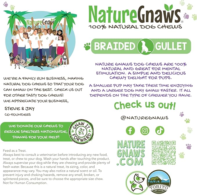 Nature Gnaws Braided Beef Gullet Chews for Dogs 5-6" (10 Count) - Long Lasting for Small and Medium Dogs - Natural Beef Jerky Dog Chew Bones