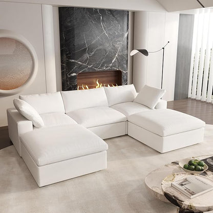 Cloud Modular Sectional Sofa Couch,U Shaped Couch 5 Seater for Living Room,120" Convertible Couches with Storage Ottoman, Covers Washable&Replaceable,White